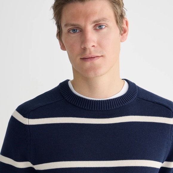 New J.CREW Mens Size S Heritage Cotton Crewneck Sweater White Navy Stripe BI842 - Picture 3 of 7